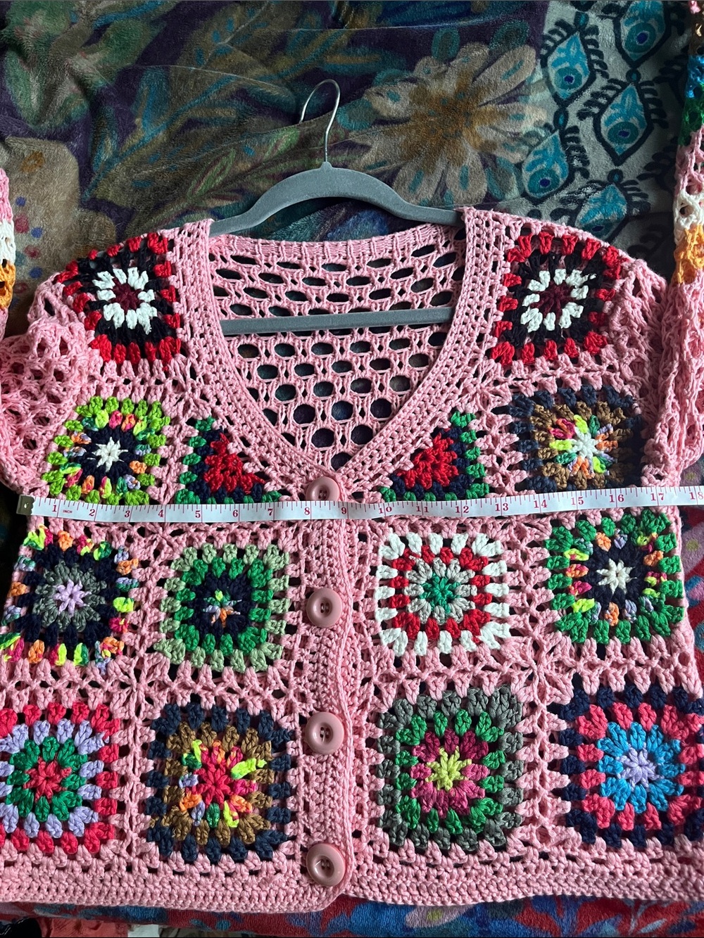 Boho Acrylic Pink Crochet Granny-Square Button Cardigan Sweater Size Small - Picture 6 of 9
